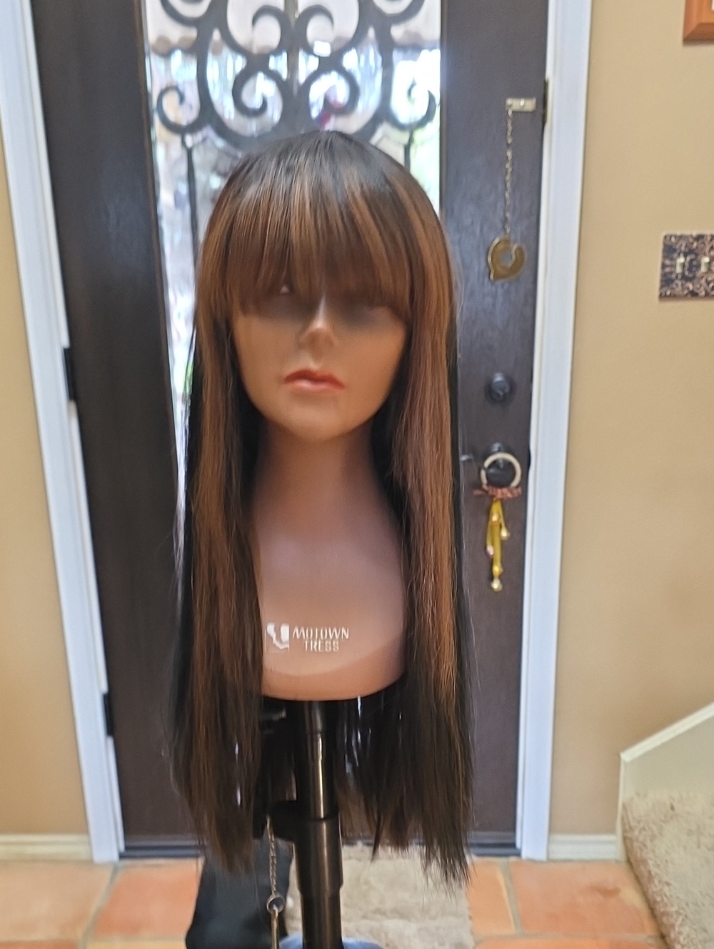 Long Straight Synthetic Wig with Bangs - Brown with Caramel Highlights